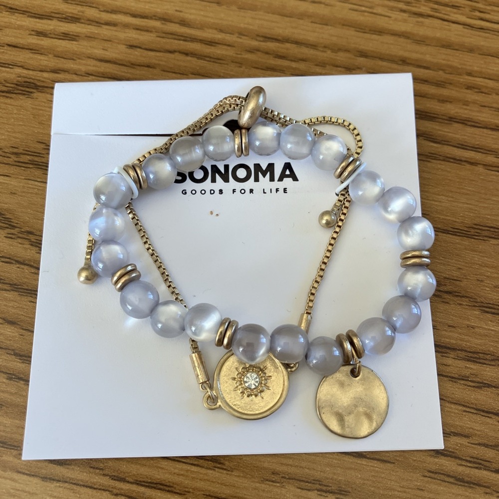 Gray Quartz Glass Beaded Charm and Compass Rose Chain bracelet Stack Layer Boho